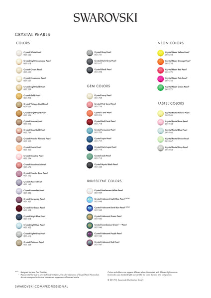 Swarovski Crystal Pearl color chart